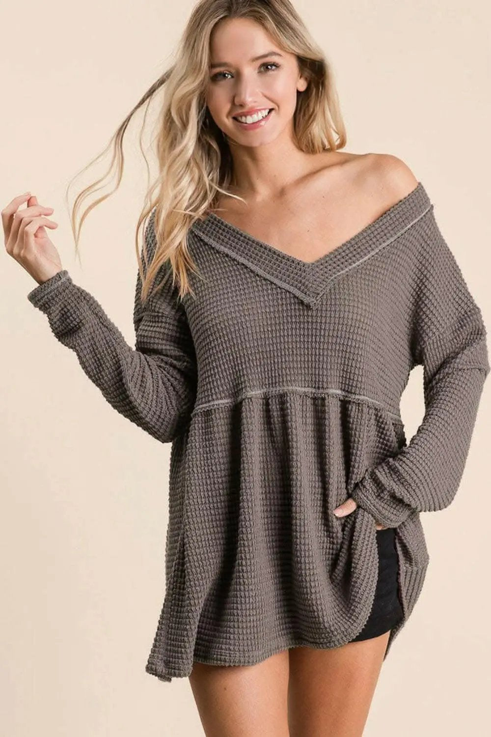 BiBi Waffle Knit V-Neck Babydoll Blouse - Love Salve